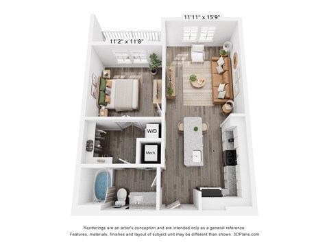 Floor plan for 1 bed, 1 bath, 662 sqft